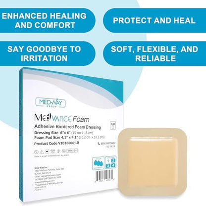 Medvance Waterproof Adhesive Bordered Foam Dressing, 6"x6", Box of 10 | Individually Wrapped - Highly Absorbent Bandages - Semi-Permeable Foam Wound Dressing Pads - size: 6"x6" 10 Pack