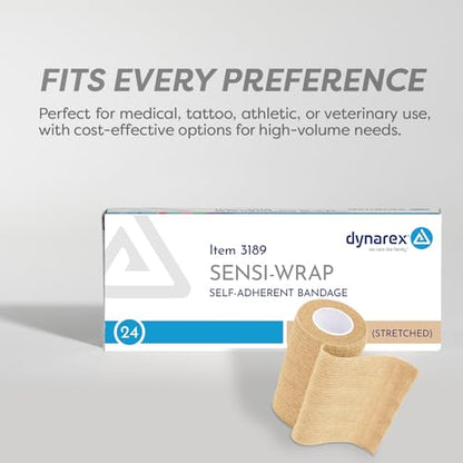 Dynarex Sensi-Wrap Self-Adhesive Bandages, 24-Pack, 3" x 5 Yards, Tan, Latex, Colored Elastic Cohesive Athletic Tape, Tattoo Grip & Vet Wrap