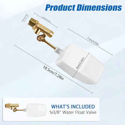 3/8" Water Float Valve, Heavy Duty Brass Automatic Water Level Controller for Pool, Pond, Livestock Tank & Auto-Fill System – Adjustable Float Arm & Tool-Free Wingnut, 125 PSI (2.25 GPM)