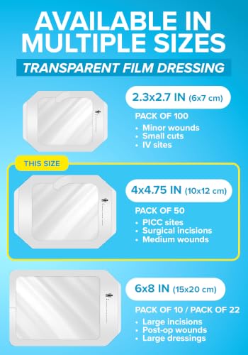 Transparent Film Dressing, Waterproof Bandages 4x4.75 | 50-Pack | FSA&HSA | occlusive dressing & wound cover for showering, swimming - tattoo aftercare protection film, transdermal patch, IV cover PICC - size: 4x4.75 50ct