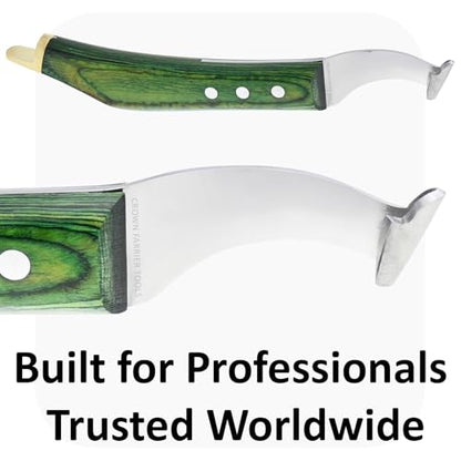 – Super Sharp Hoof Knife with Brass End | Precision-Sharpened Stainless Steel Blade & Wooden Handle | Pro Farrier Hoof Trimming Tool for Horses & Equine (Green, Left-Hand)
