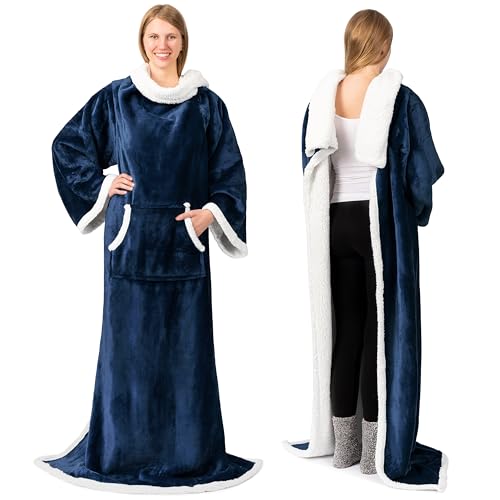 PAVILIA Sherpa Wearable Blanket with Sleeves and Pocket, Plush Thick Cozy Body Blanket Wrap for Adult Women Men, Christmas Gift for Wife Mom, Navy Blue - color: Navy