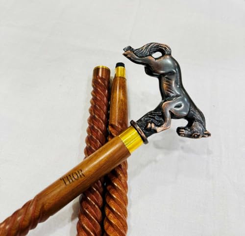 Handmade Solid Brass Head Handle Vintage Style Antique Wooden Walking Stick Cane Gift (3 Fold Wooden Walking Cane) - style: Horse handle