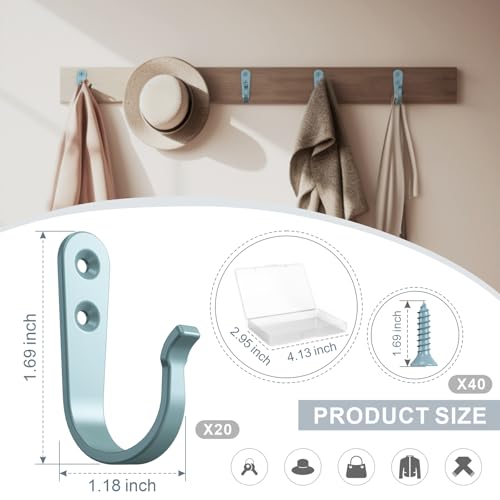 BREYDROK 20-Pack Coat Hooks for Hanging, Heavy Duty Blue Metal Wall Hooks | Single Prong Hanging Hooks with Screws for Towels, Backpacks, Hats, Kitchen Hook - color: 20pcs + Light Blue