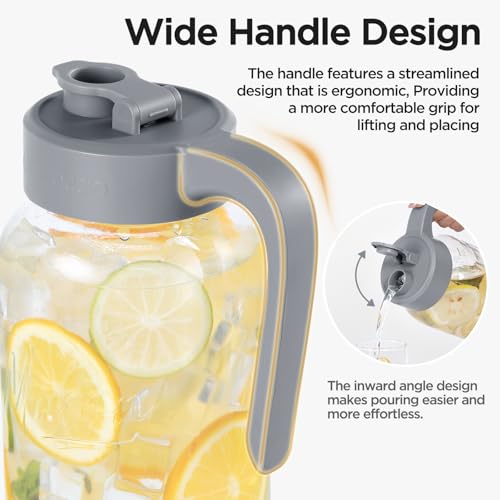 Mason Jar Pitcher, 64 oz (2 quart), Glass Pitcher with Lid | Airtight, Leak proof, Ergonomic Handle, Pour Spout Lid, Fridge Safe, for Sun Tea, Iced Tea, Cold Brew, Lemonade, Outside - color: Gray