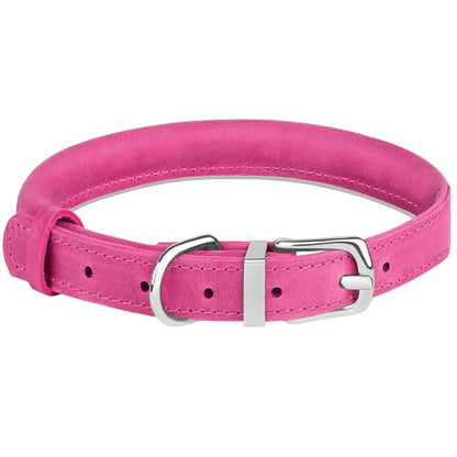 OOPSDOGGY Rolled Leather Dog Collar Reflective – Genuine Leather Round Dog Collar for Small Medium Large Dogs (Fuchsia, 14" – 18") - color: Fuchsia, size: 14" – 18"