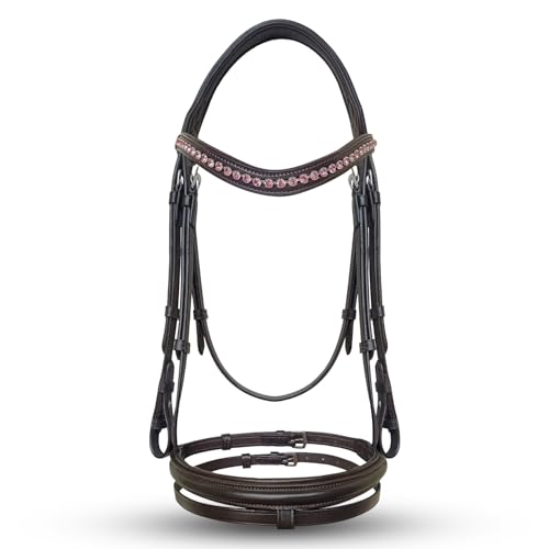 Equine Care English Horse Bridle with Reins, Padded, 6 Browband Styles - color: Havana Brown - Pink Crystal