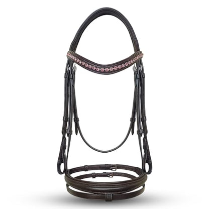 Equine Care English Horse Bridle with Reins, Padded, 6 Browband Styles - color: Havana Brown - Pink Crystal