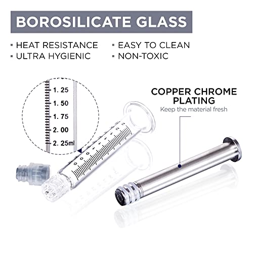 2.25ML Borosilicate Glass Syringe with Silver Metal Plunger | 10 Pack | Anti-Leak Luer Lock Syringe without Needle | Accurate Measuring for Liquid, Glue, Oil w/ Borosilicate Glass Tube