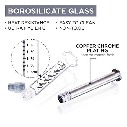 2.25ML Borosilicate Glass Syringe with Silver Metal Plunger | 10 Pack | Anti-Leak Luer Lock Syringe without Needle | Accurate Measuring for Liquid, Glue, Oil w/ Borosilicate Glass Tube