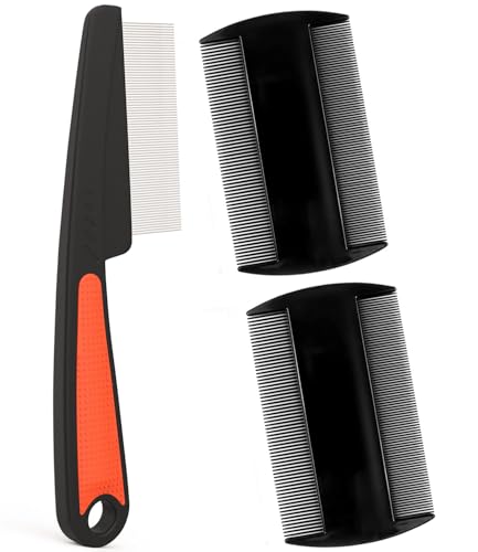 Dandruff Comb Removal Steel Fine Tooth Scalp Detox Hair Care Tool 3PC | Build Up Flakes Lice Comb, Stainless Steel Teeth, Self Cleaning, Anti Slip Handle, for Women Men Kids, Black+ Red - color: 3PC Black+Red