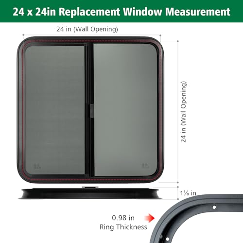 Dulepax Horizontal RV Window, 24" W x 24" H Tinted Slide Trailer Window, Tempered Glass Camper Window Replacement with Net Screen and Trim Ring, DOT Approved - size: Horizontal 24"x24"
