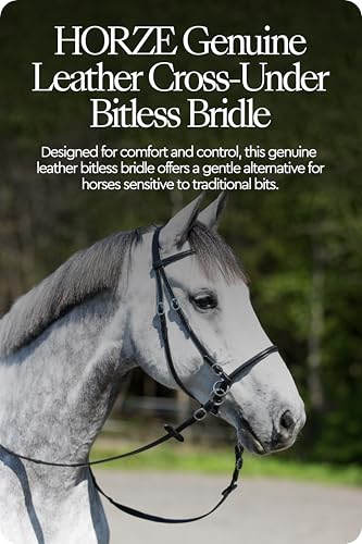 HORZE Genuine Leather Cross-Under Bitless Bridle | Includes Web Reins with Hand Stops - size: Cob