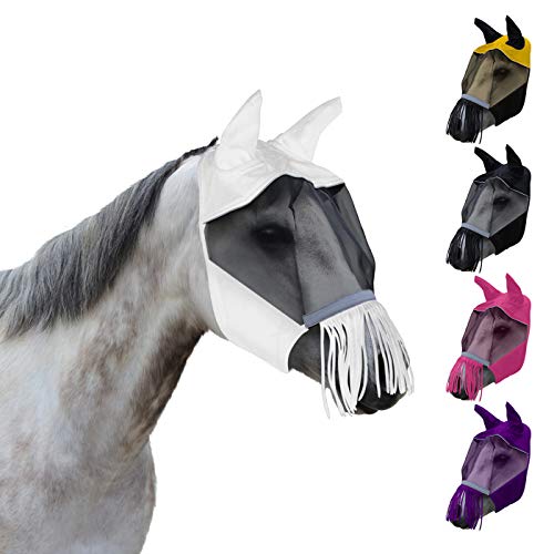 Derby Originals Patriotic Reflective Safety Horse Fly Mask with Ears and Nose Cover Fringes with 1 Year Warranty (White, (X-Large (Oversize/Warmblood)) - color: White, size: X-Large (Oversize/Warmblood)