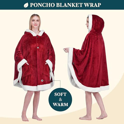 PAVILIA Hooded Blanket Poncho for Women, Fleece Wearable Shawl Wrap, Red | Fleece Shawl Wrap with Hood, Adult Wearable Blanket, Cozy Warm Poncho Cape Throw with Pockets, Gift for Elderly Mom - color: Wine