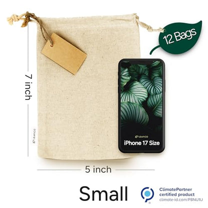LEAFICO Organic Cotton Reusable Produce Bags - Small 5x7 (12 Pack) - Biodegradable Eco-Friendly Bulk Bin Sacks for Food - Cloth Bags with Drawstrings - Linen Pouch for Fruit, Vegetable Storage - size: Small 5x7" (12 Pack)