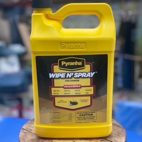 PYRANHA Wipe N' Spray for Horses - Oil-Based Long Lasting Fly Control Repels Horn, Deer, Horse, House, Stable, & Face Flies, Ticks, Mites, Mosquitoes, Gnats & Lice, 1 Gallon - size: 1 Gallon
