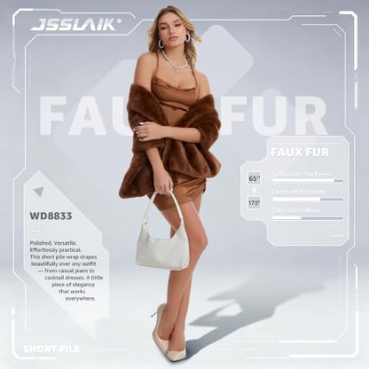Women's Luxe Short Pile Faux Fur Coat with Shawl Collar - color: Chestnut