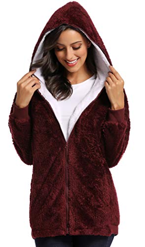 Fleece Coat for Women,Women's Oversized Zip Up Hooded Jacket Winter Plus Size Sherpa Coat - color: Awinered, size: Large