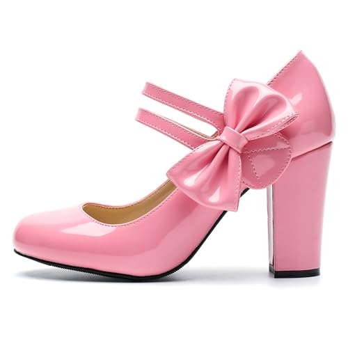 fereshte Women's Mary Jane Pumps with Bow, Double Strap, 3.54 Inch Chunky Block Heel Dress Shoes - color: Pink Patent, size: 9