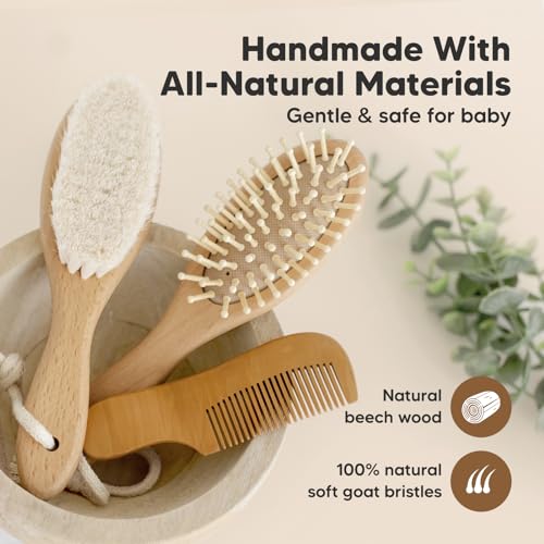 Keababies Baby Hair Brush and Comb Set with Wooden Brush - Soft Goat Bristles, Large Diaper Caddy Organizer for Car Storage
