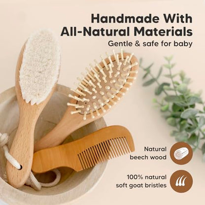 Keababies Baby Hair Brush and Comb Set - Wooden Brush with Soft Goat Bristle, Towels Included