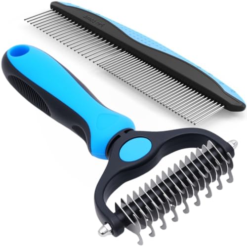 Pet Grooming Rake for Dogs & Cats - Double-Sided Deshedding and Dematting Tool, Gently Remove 95% of Loose Undercoat & Mats for Long-Haired Pets, Painless Fur Brush for Shedding Control (Blue+Comb) - color: Blue+Comb