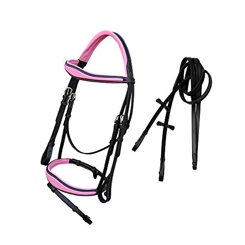 Exion Pink English Bridle with Anatomic Snaffle Noseband & Detachable Flash | Leather Jumping Bridle, Ergonomic Pressure Relief Crownpiece | 16mm Non-Slip Rubber Reins Included | Black Cob Full - color: Havana, size: Cob/Medium Size
