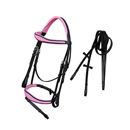 Exion Pink English Bridle with Anatomic Snaffle Noseband & Detachable Flash | Leather Jumping Bridle, Ergonomic Pressure Relief Crownpiece | 16mm Non-Slip Rubber Reins Included | Black Cob Full - color: Black, size: Cob/Medium Size