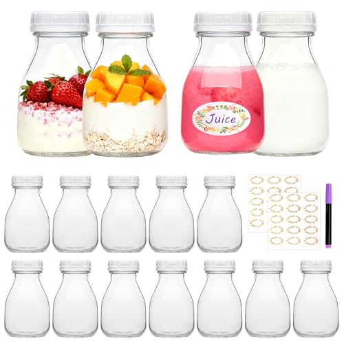11oz Glass Milk Bottles, 16 Pack Clear Bottles with Lids | Reusable Small Glass Jars for Milk, Juice, Smoothie, Overnight Oats, Cold Brew, Iced Coffee, DIY Storage, Gift, Party - size: 11oz-16pack