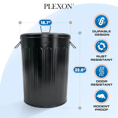 Plexon 20 Gallon Metal Trash Can with Lid Outdoor Large Trash Bin Steel Garbage Can for Garage Patio Farmhouse Bucket Bird Seed Storage Can Heavy Duty Round Container, Black - color: Black