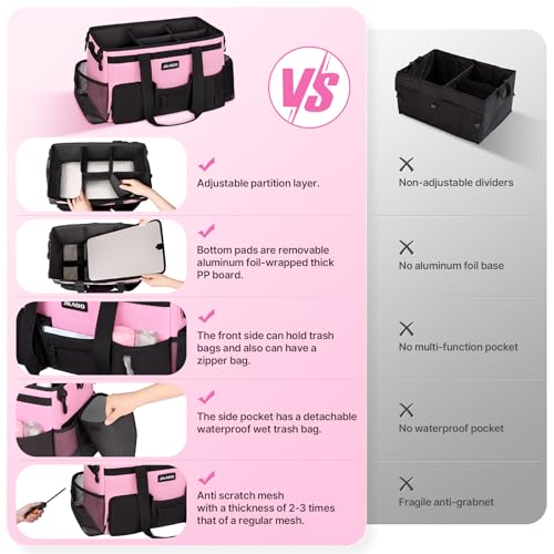 JKAOO Large Wearable Cleaning Caddy Bag with Handles, Pink | Adjustable Shoulder & Waist Straps, Removable, Waterproof Tote for Cleaning Supplies, Home, Car, Office - color: Pink