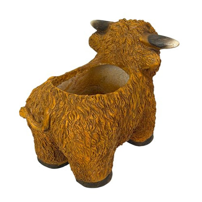 Zeckos Highland Cow Animal Planter, 15 Inch Long Light Brown Textured Fur | Painted Magnesium Oxide, Freestanding Farmhouse Accent, Drain Hole, 6.5 X 5.25 Inch Opening, 10 Inch Deep - color: Cow - Light Brown