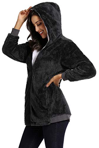 Fleece Coat for Women,Women's Oversized Zip Up Hooded Jacket Winter Plus Size Sherpa Coat - color: Adarkgrey, size: Medium