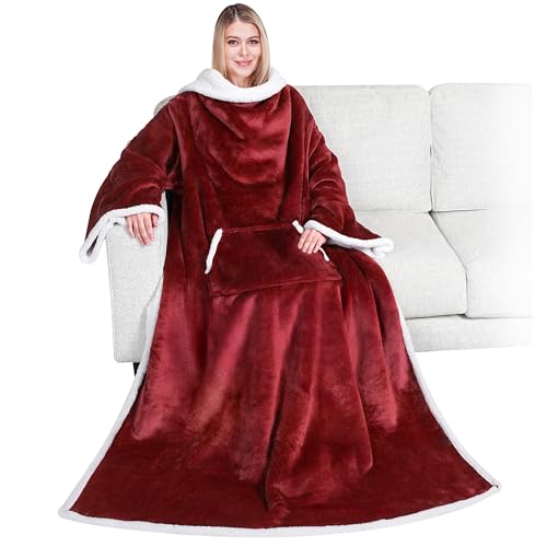PAVILIA Sherpa Wearable Blanket with Sleeves and Pocket, Plush Thick Cozy Body Blanket Wrap for Adult Women Men, Christmas Gift for Wife Mom, Burgundy Red - color: Wine