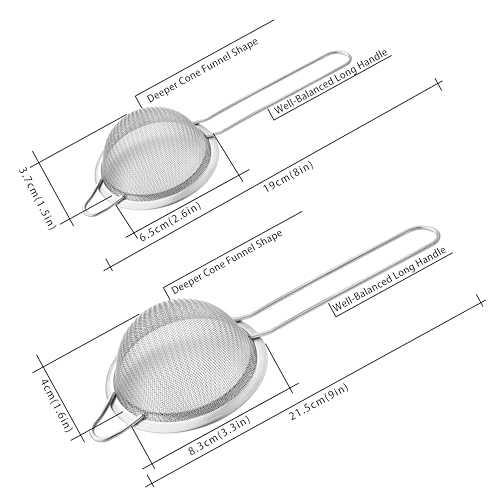 2 Pack Fine Mesh Strainers, Mini Stainless Steel Strainer with Handle for Kitchen, Metal Sieve Sifters for Straining Tea, Matcha, Cocktail, Juice and Coffee (8.6in 7.5in)