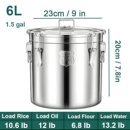 1.6Gal 304 Stainless Steel Bucket with Lid, Airtight Food Storage Container - size: Standard 6L/1.6gal