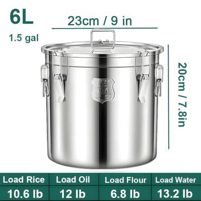1.6Gal 304 Stainless Steel Bucket with Lid, Airtight Food Storage Container - size: Standard 6L/1.6gal