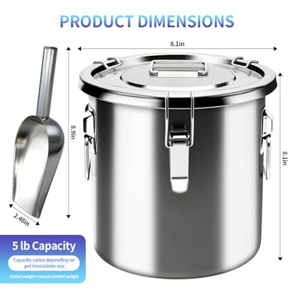 5LB Stainless Steel Dog Food Storage Container, Airtight Metal Pet Food Storage Bin with Lid and Scoop, Large Dog Food Container for Dry Food, Keep Fresh, Easy to Clean