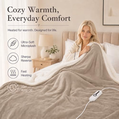 Electric Heated Blanket 62"x84" Twin Size - Light Brown | Safe All Night, Dual-Sided Microplush Sherpa for Bedroom Use, 4 Heat Settings & 10 Hours Auto Off, Machine Washable - color: 20-light Brown, size: Twin(62"x84")
