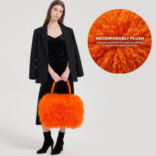 Women Luxury Real Curly Mongolian Lamb Fur Purse - color: Orange