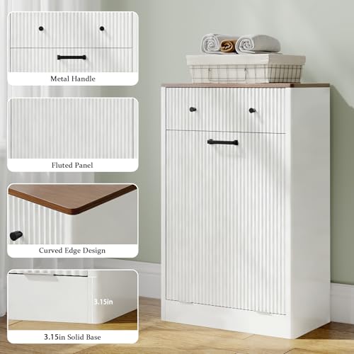 10 Gallon Tilt Out Trash Can Cabinet with Drawer, Hidden Trash Bin Storage & Laundry Hamper Cabinet, Pet Proof Trash Can Holder for Kitchen, Laundry Room & Bathroom, White - color: White