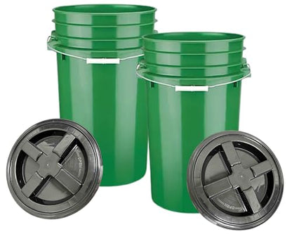 House Naturals 7 Gallon Large Green Food Grade - BPA Free- Made in USA Bucket Pail Container with Black Screw On Gasket lid (Pack of 2)