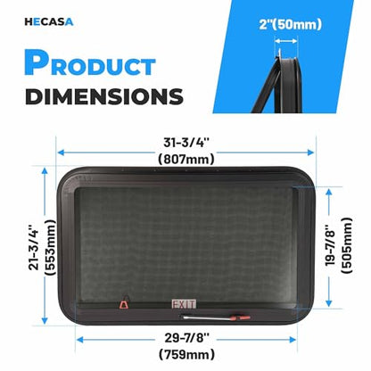 HECASA 30"W x 20"H RV Emergency Exit Window w/Trim Ring & Screen Tinted - size: 30" W x 20" H