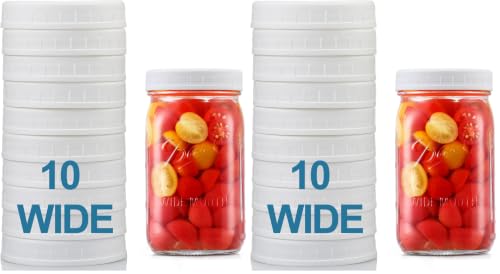 AOZITA [20 Pack] WIDE Mouth Mason Jar Lids for Ball, Kerr and More - White Plastic Storage Caps for Mason/Canning Jars - Leak-Proof, Dishwasher Safe & Food Grade - size: 10 Wide Mouth (Pack of 2)