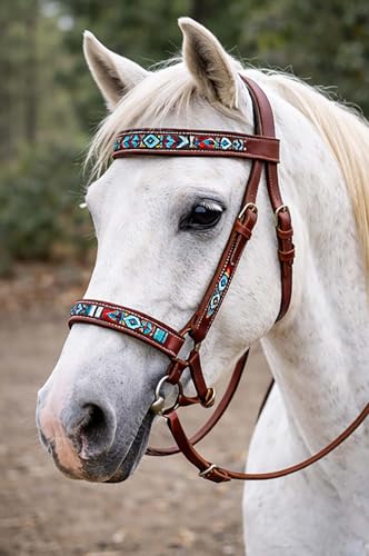 CHALLENGER Horse Western Black Leather Beaded Bitless Padded Sidepull Bridle w/Reins 77RS15 - color: Mahogany/Beaded
