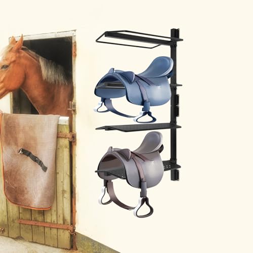 Saddle Rack 4 Tier Wall Mounted, Heavy Duty Saddle Storage Rack for Tack Room Barn Stable, Metal Horse Saddle Holder with Bridle Hooks, Western English Saddle Stand Organizer
