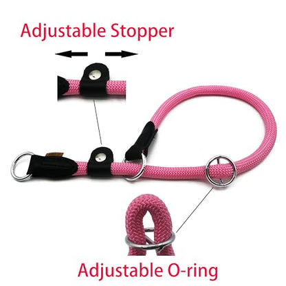 Braided Round Martingale Dog Collar, Training Collar with Slidable Stop Ring and Adjustable Stopper - Ideal for Small Dogs (S(1/4") - 14" Long, Pink) - color: Pink, size: S(1/4") - 14" Long with stopper