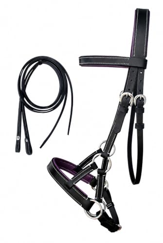 CHALLENGER Horse Western Brown Leather Training Tack Bitless Sidepull Bridle Reins 7711 - color: Black/Purple, size: Full