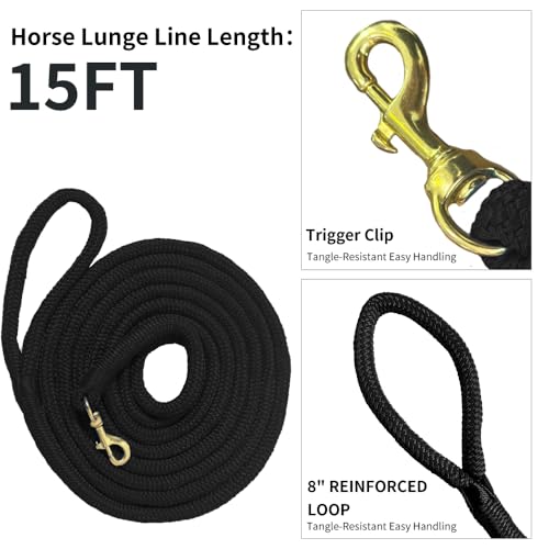 Double Braided Nylon Horse Lead Rope with Snap Hook, Black, 15 FT, Durable Lightweight (Black, 15FT) - color: Black, size: 15FT